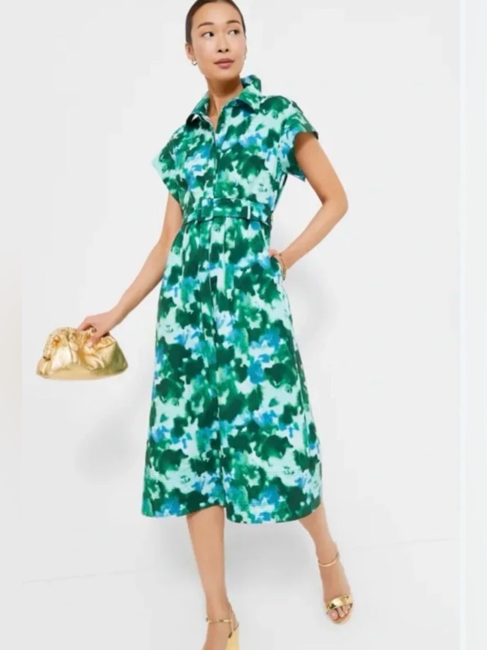 Tuckernuck Chloe Dress Deep Lagoon‎ Belted Midi Short Sleeve Blue Green Preppy L - Picture 6 of 13
